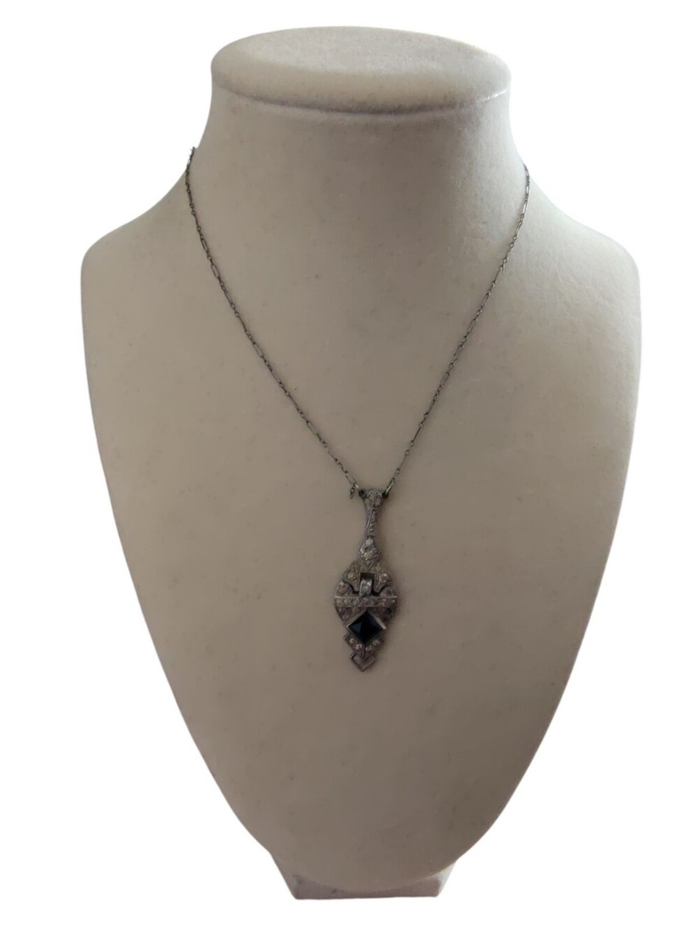 Vintage Art Deco Victorian Style Blue Rhinestone Pendant Necklace Silver Tone